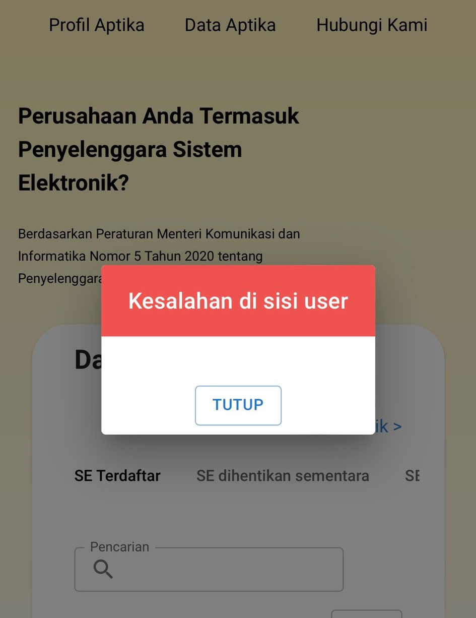 Situs PSE Kominfo Sulit Diakses, Muncul Pop Up 'Kesalahan di Sisi User'
